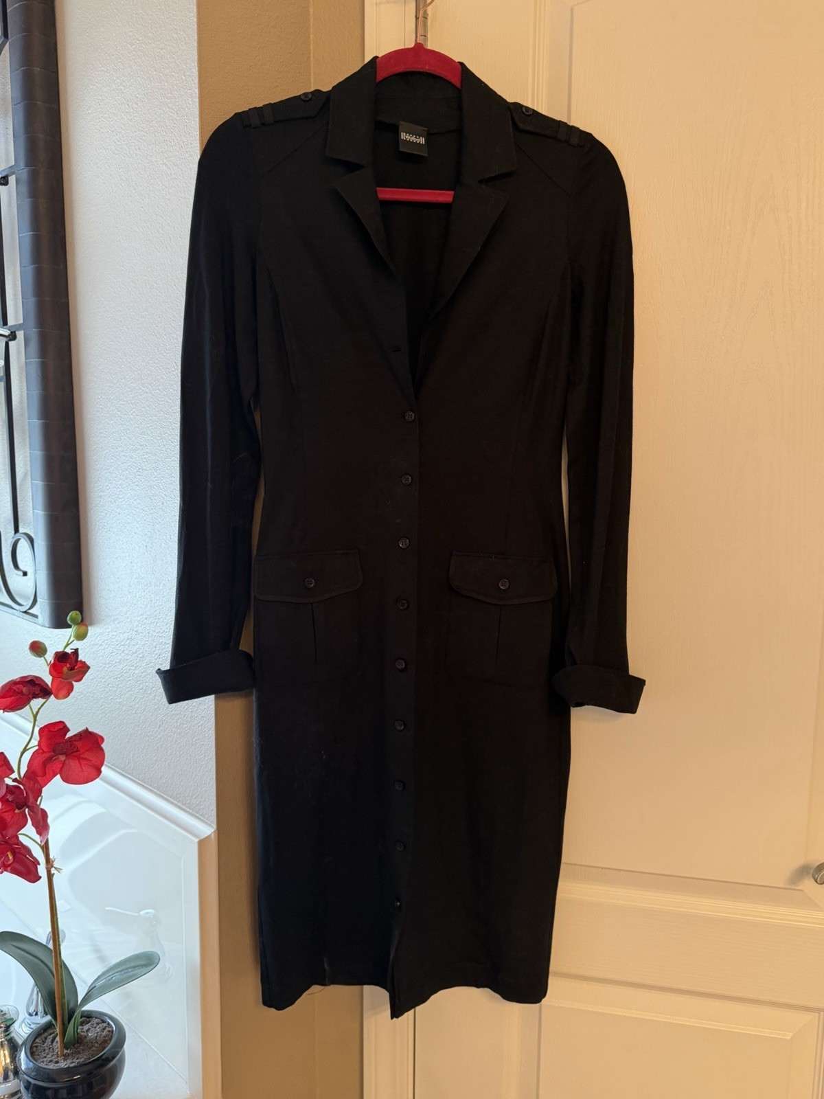 Wolford Black Military Shirt Dress Women’s US 4 EU 34 Button Front Stretch Midi