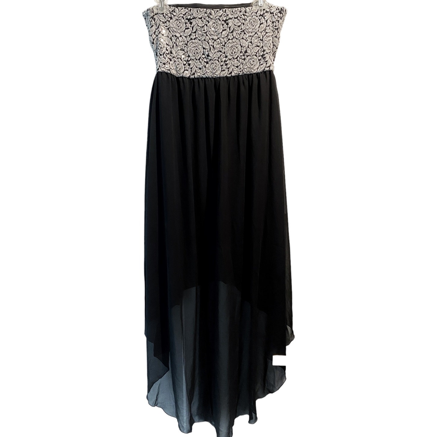 MyMichelle Black Silver Floral Sequin Strapless Dress Womens size L