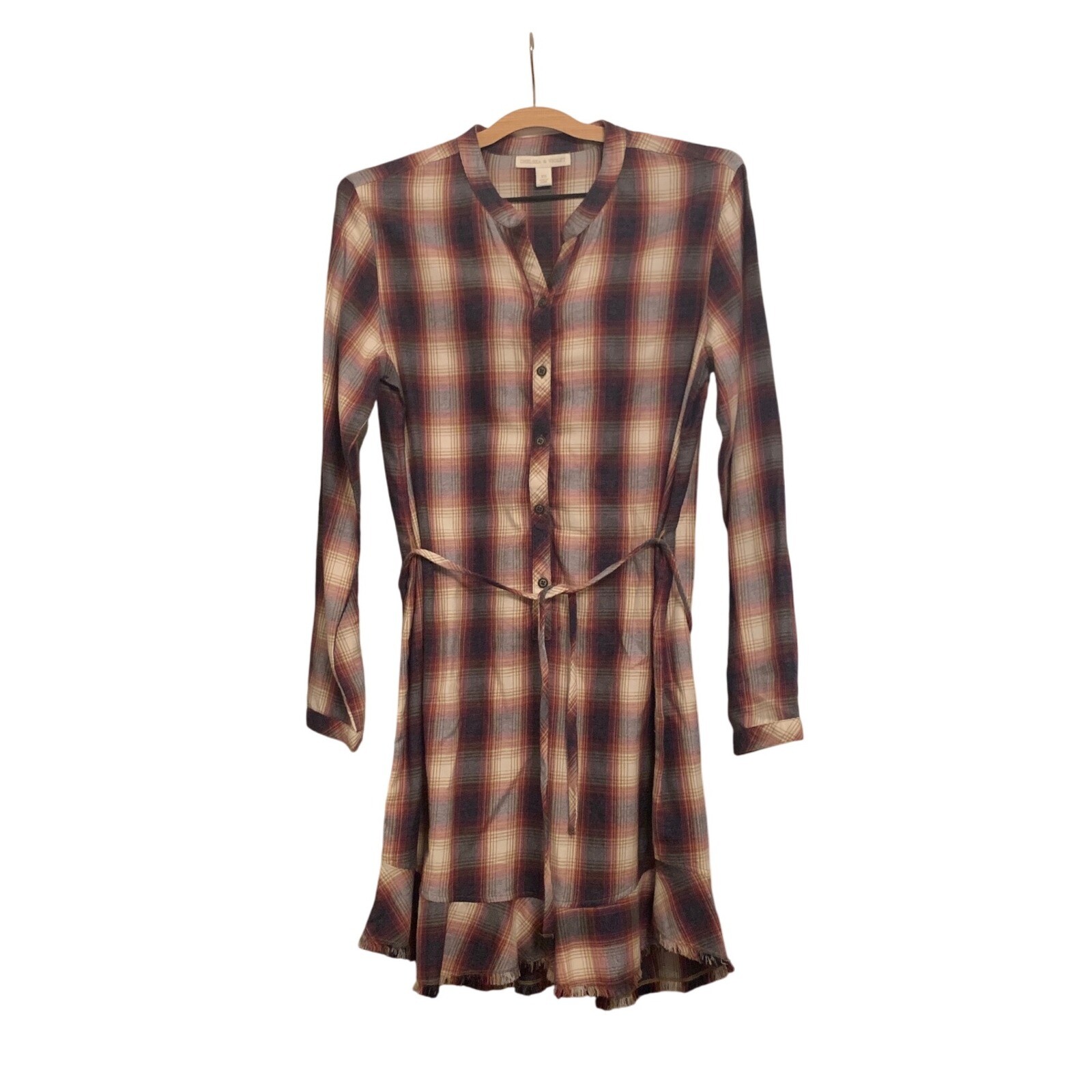 Flannel Dress Long Sleeve Plaid Button Down Frayed Hem Belted Casual XS