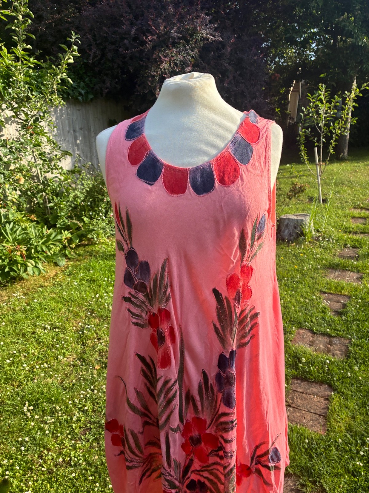 PINK SLEEVLESS EMBROIDERED SUMMER DRESS BEACH BOHO FESTIVAL SWINGY DRAPED