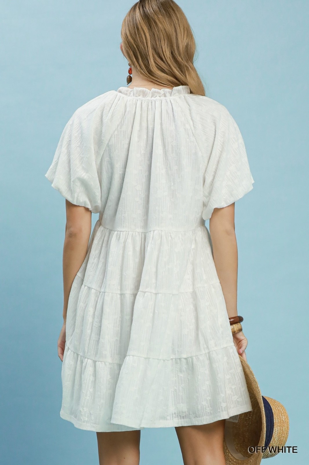 Umgee Jacquard Puff Sleeve Mini Dress Off White Tiered Babydoll Boho Women’s