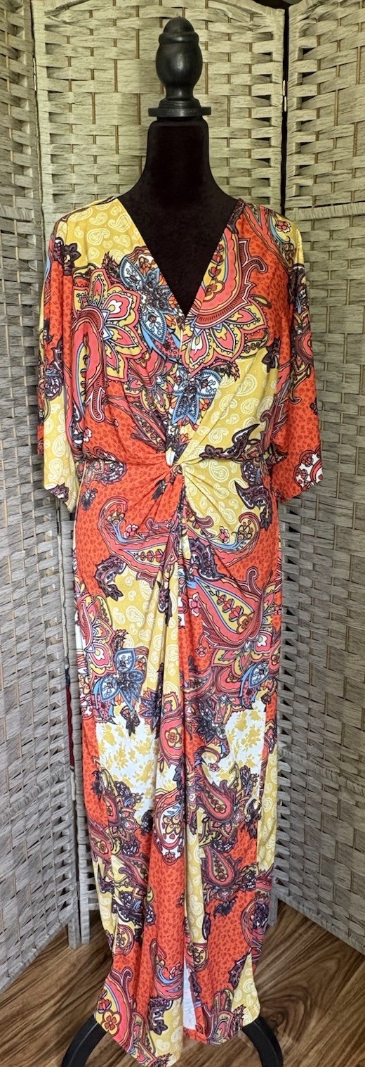 Twist Front Orange Paisley Maxi Dress Boho Kimono Sleeve NEW $79 Venus Women’s M