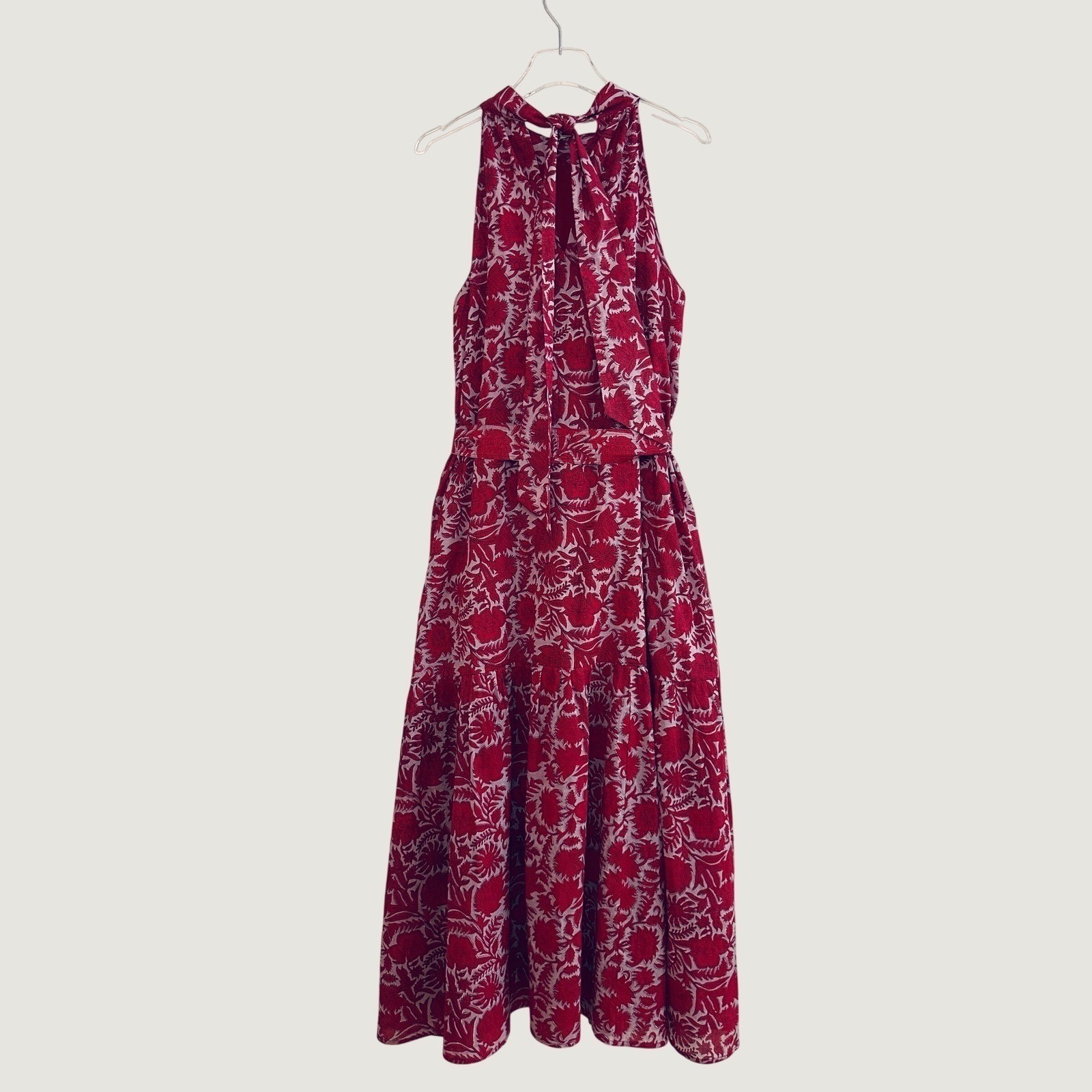 Cleobella Red Blue Print Halter Neck Tie Back and Belt Summer Dress Size Medium