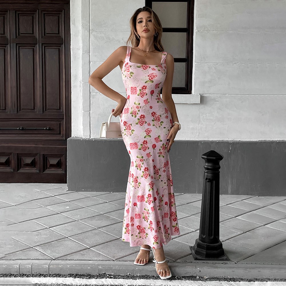 Sweet Floral Pink Long Sleeveless Dress with Square Neck and High Waist