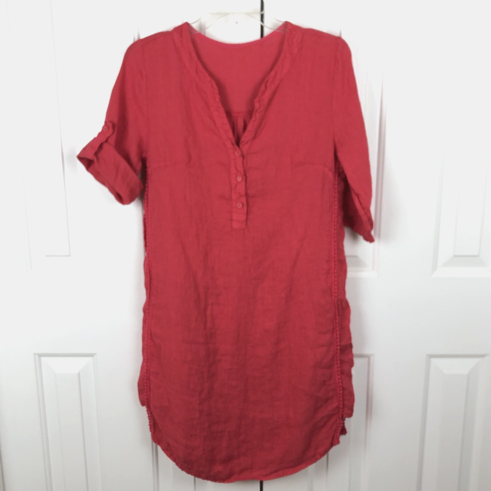 Linen Popover Shirt Dress Italy Mandarin Collar Roll Tab Sleeve Small Coral Pink