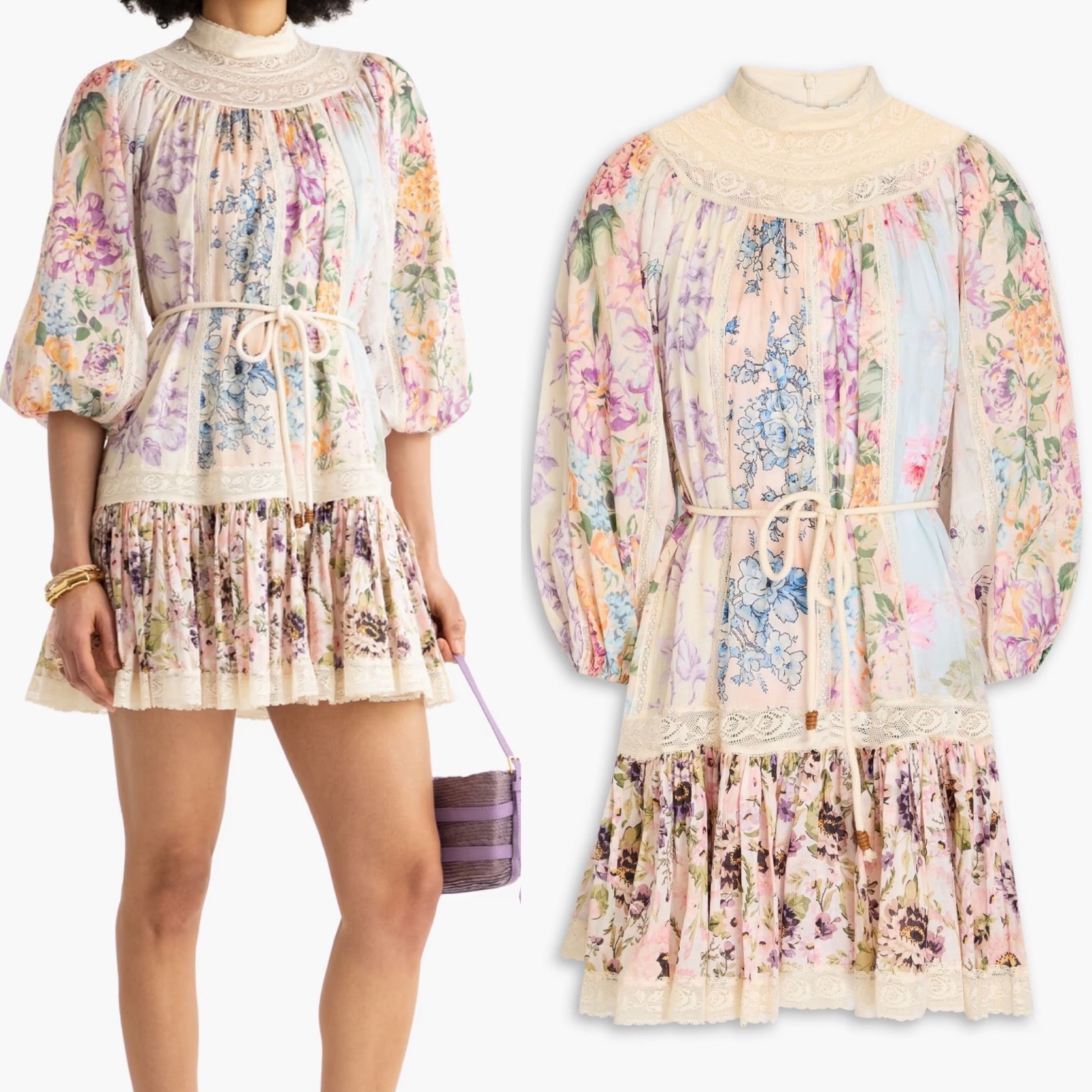 ZIMMERMANN Halliday Floral Print Lace Panel Mini Dress AU 2 US M