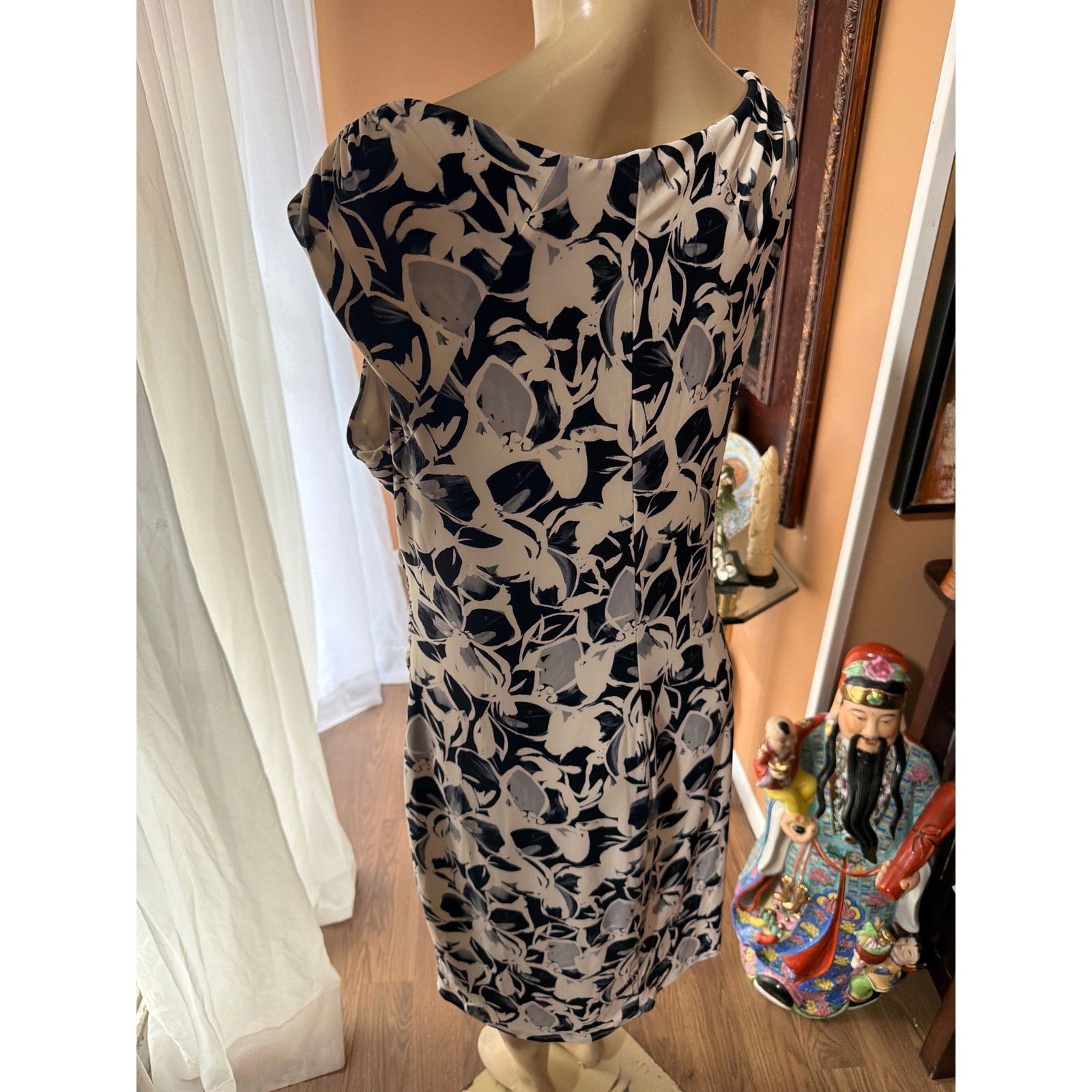 Lauren Ralph Lauren Navy Cream Floral Ruched Sheath Dress Size 16 Sleeveless