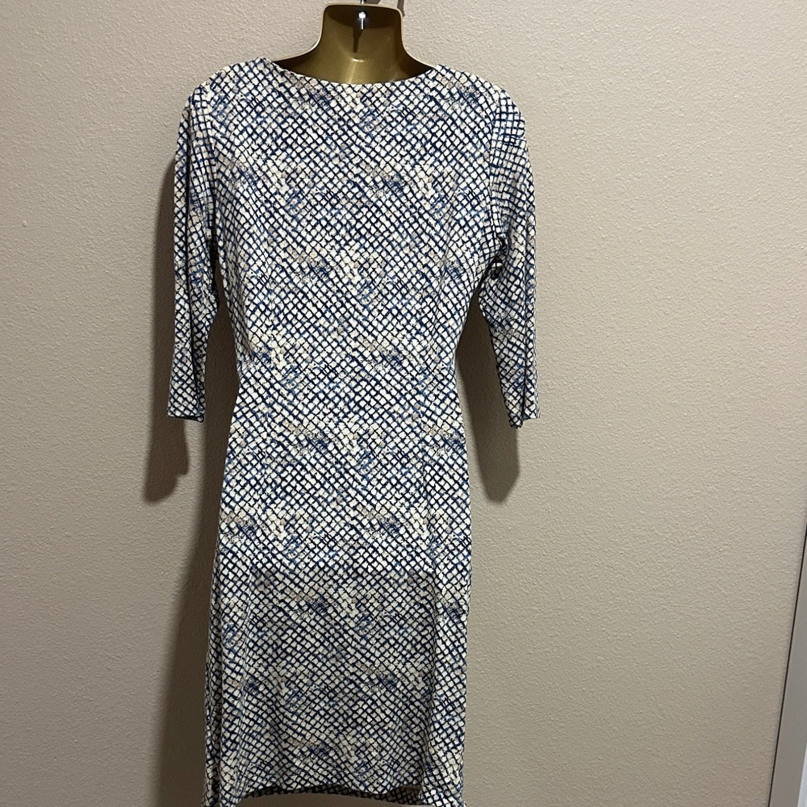 J. McLAUGHLIN Snake Print Blue and Gold Ruched 3/4 Sleeve Dress, Size M, EUC
