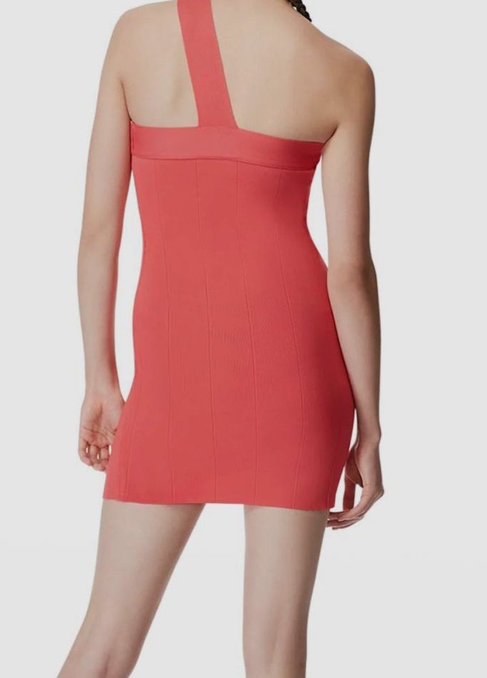 $225 Herve by Herve Leger Women’s Red Asymmetric Neck Mini Bodycon Dress Size M