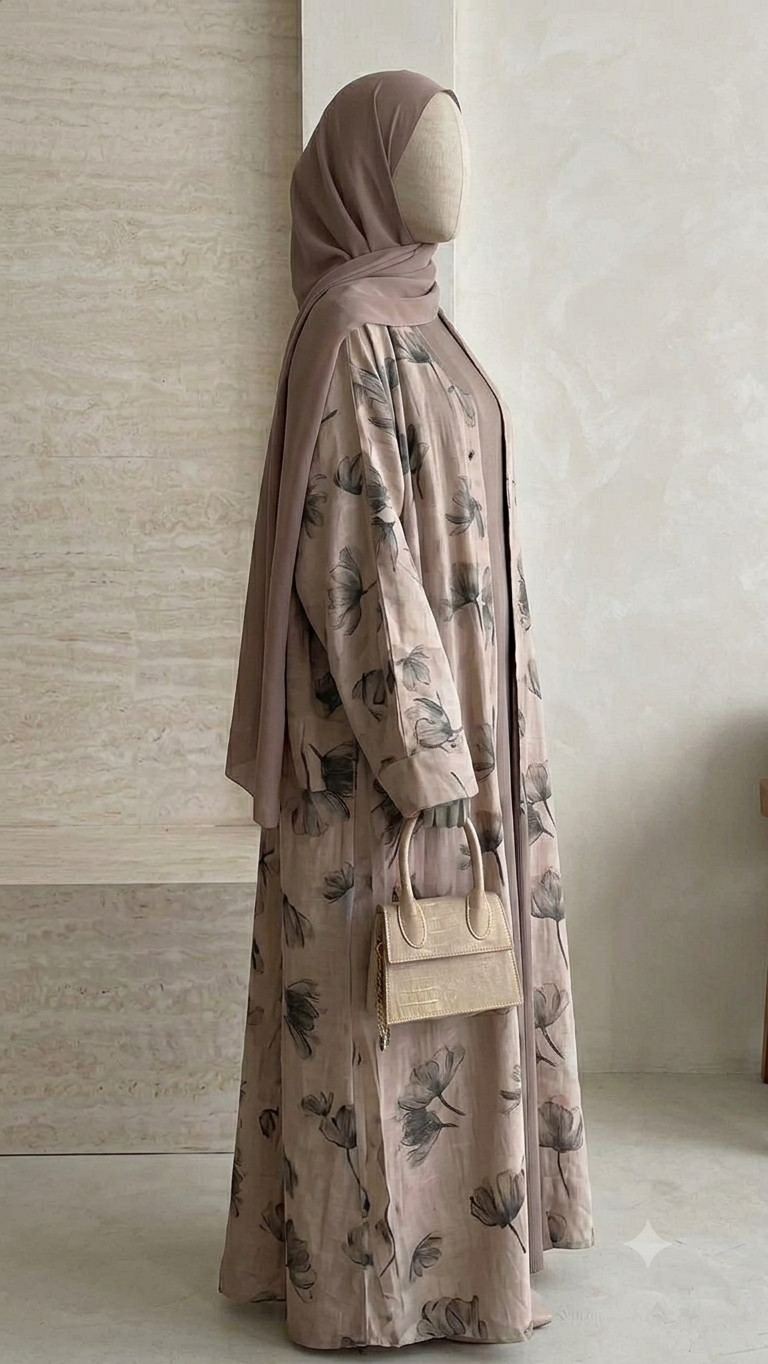 Modern 3-Piece Abaya Set Open Front Floral Kimono Maxi Dress Matching Hijab Taup
