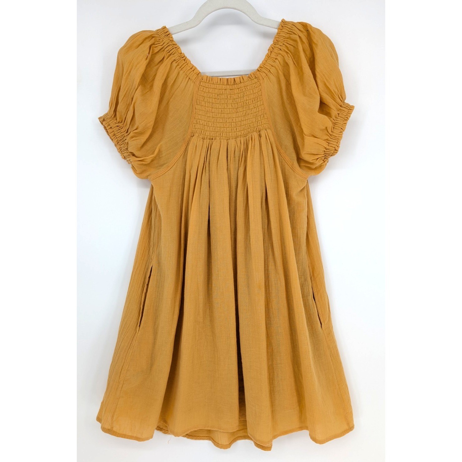 Lulus Always Happy Mustard Yellow Puff Sleeve Mini Dress XS Boho Cottage Prairie