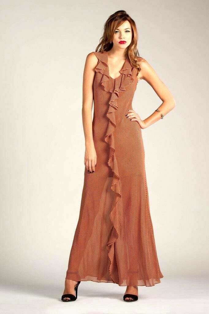 Isabel Lu Dress V neck Ruffle Front Stripe Sleeveless Full Length Long Tan Black