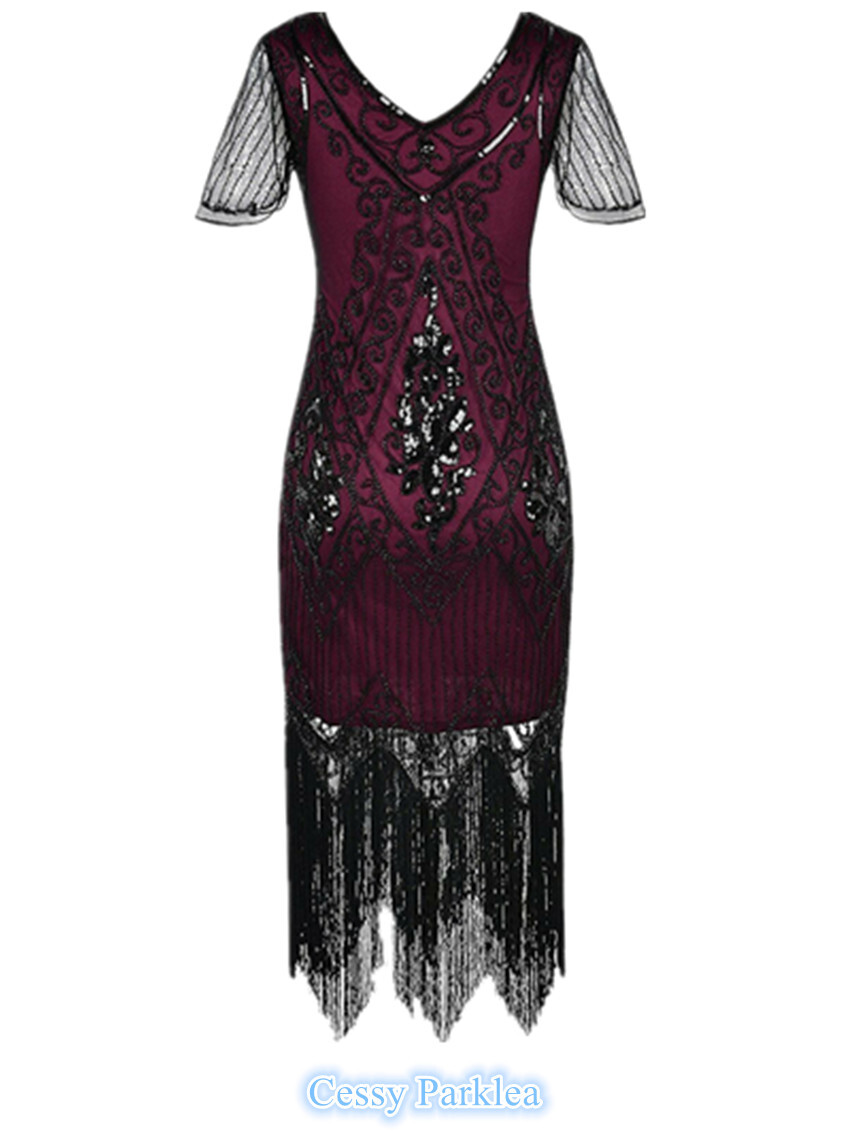 Deluxe Ladies 1920s Roaring 20s Flapper Gatsby Costume Sequins Black Burgundy