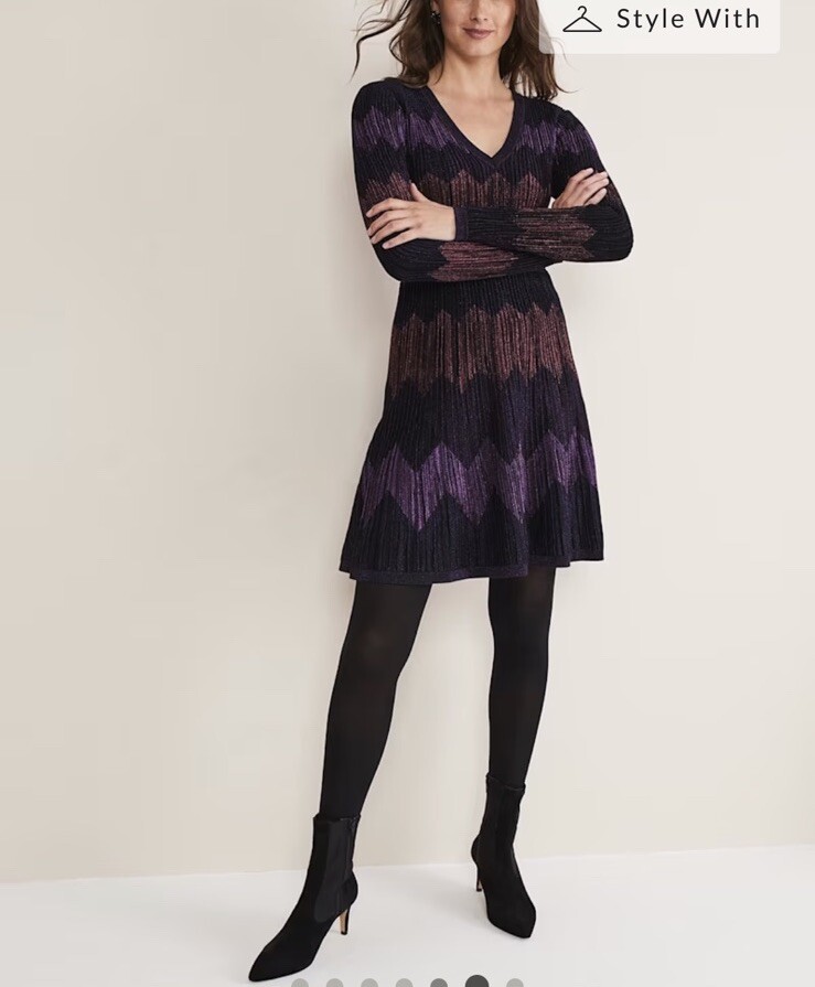 Phase Eight Enola Chevron Lurex Knitted Dress Fit & Flare Size 10 Purple
