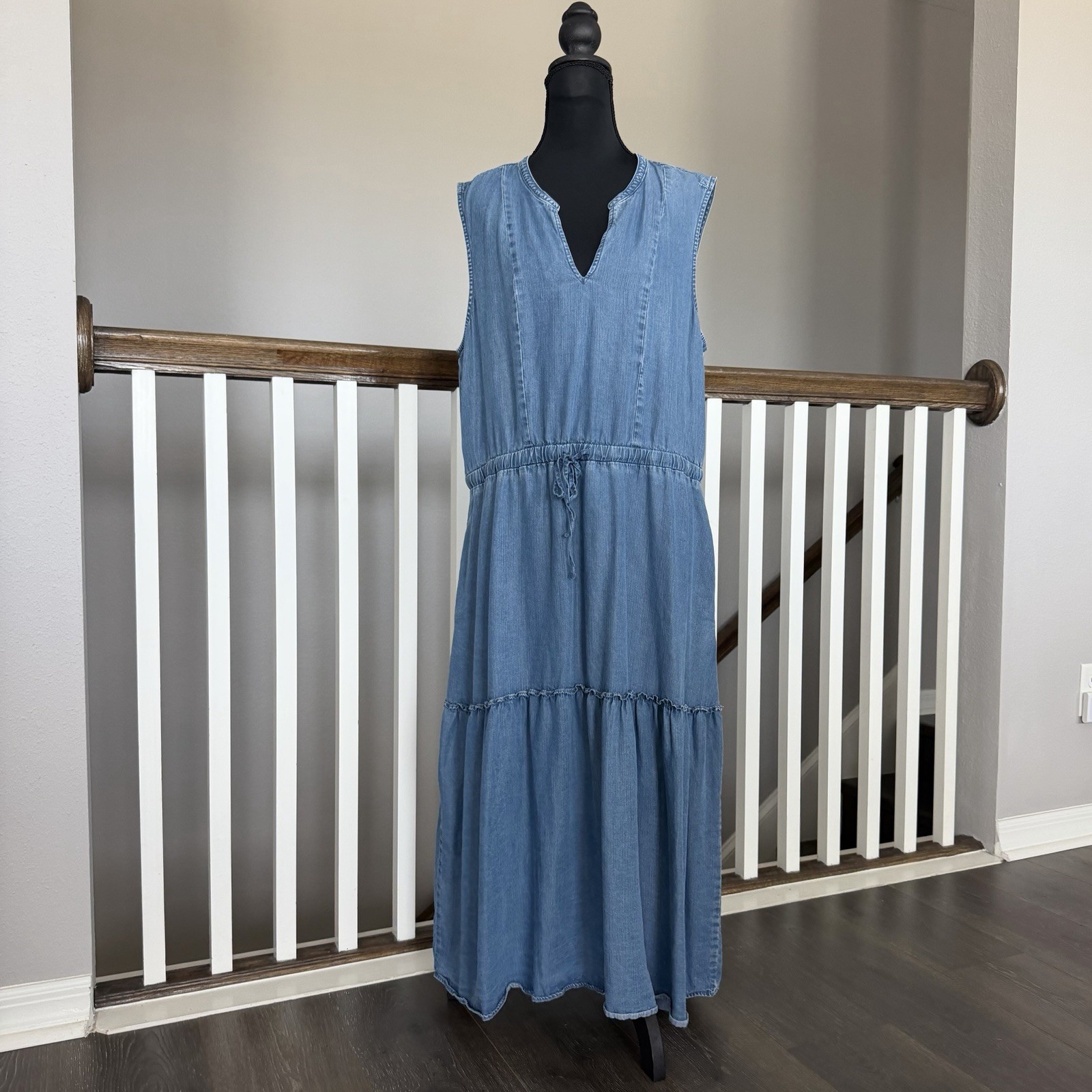 Lands End Denim Chambray Maxi Dress XL Sleeveless Tiered Boho Festival Western