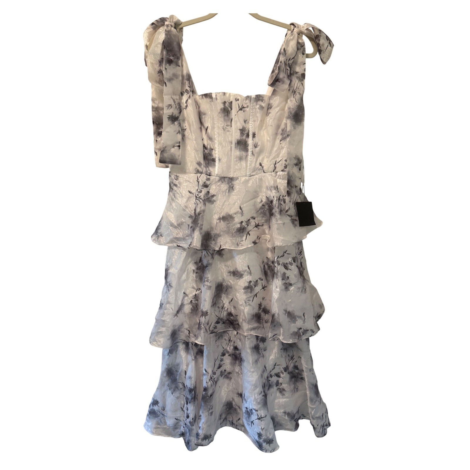Lulus Women’s Floral Print Corset Tiered Midi Dress Tie Strap White Gray