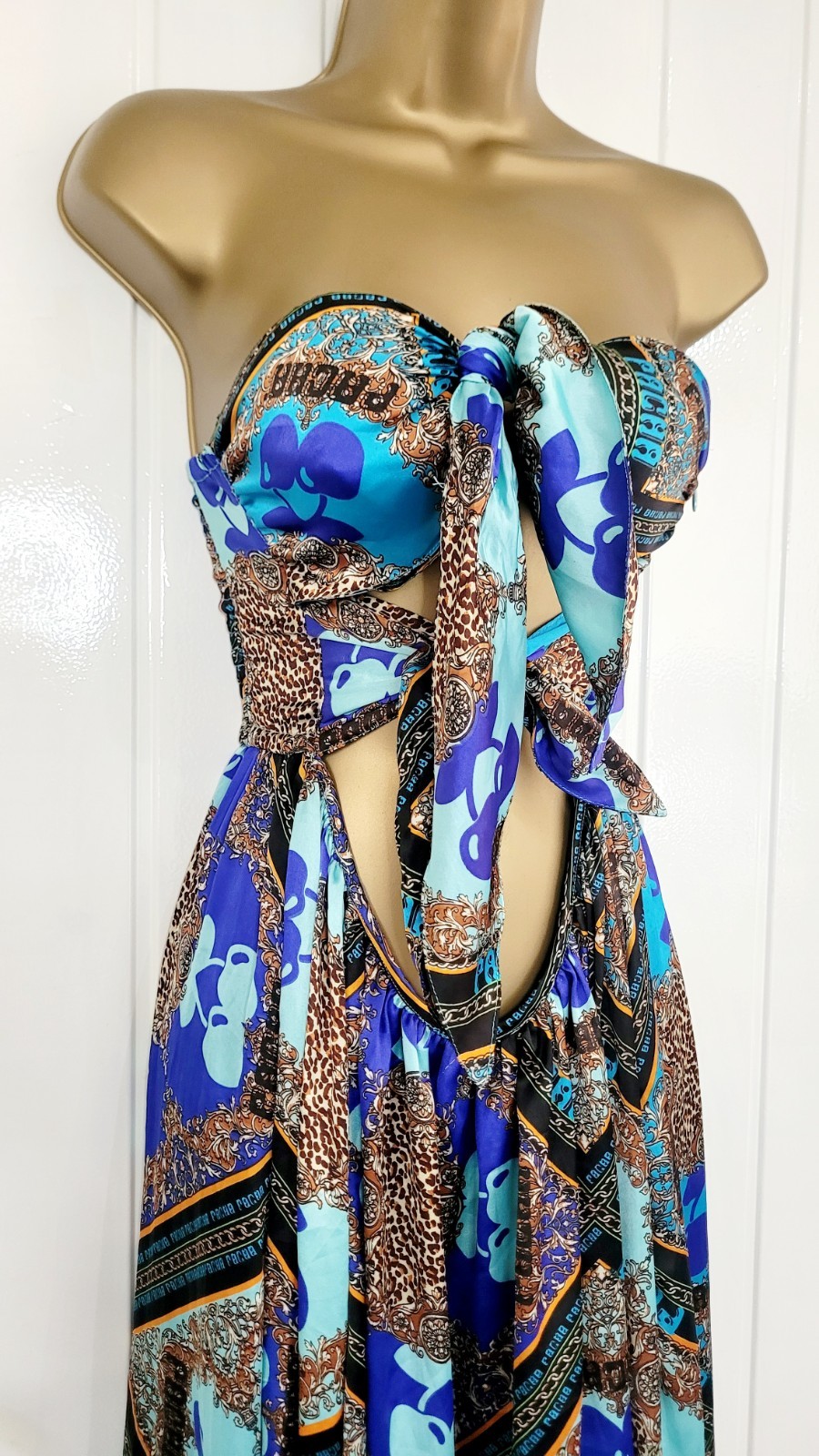 River Island size 8 10 Small PACHA blue satin cut out tie beach pool party dress
