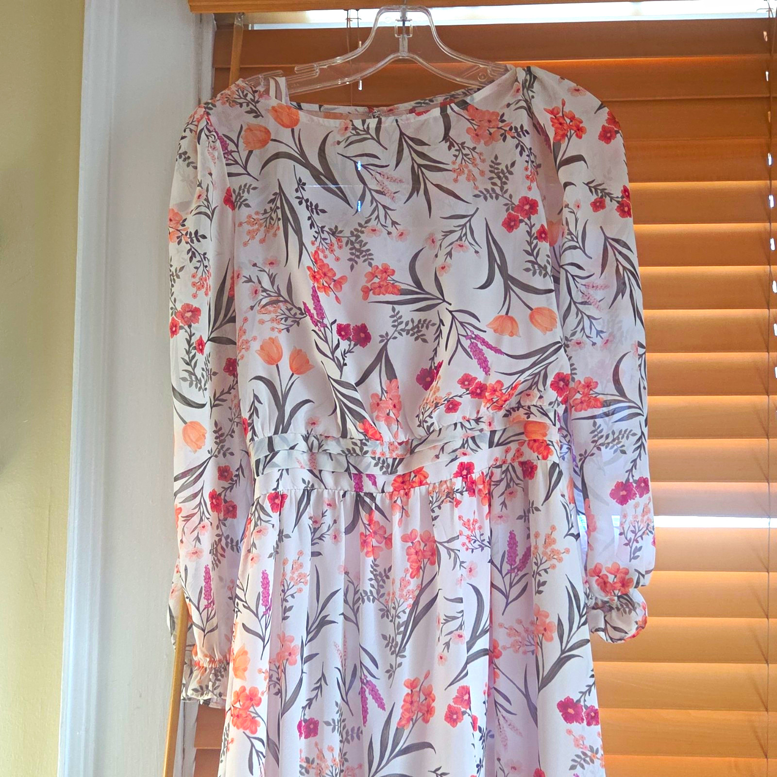 Nordstrom Floral Chiffon Midi Dress V-Neck Balloon Sleeve Smocked Waist S