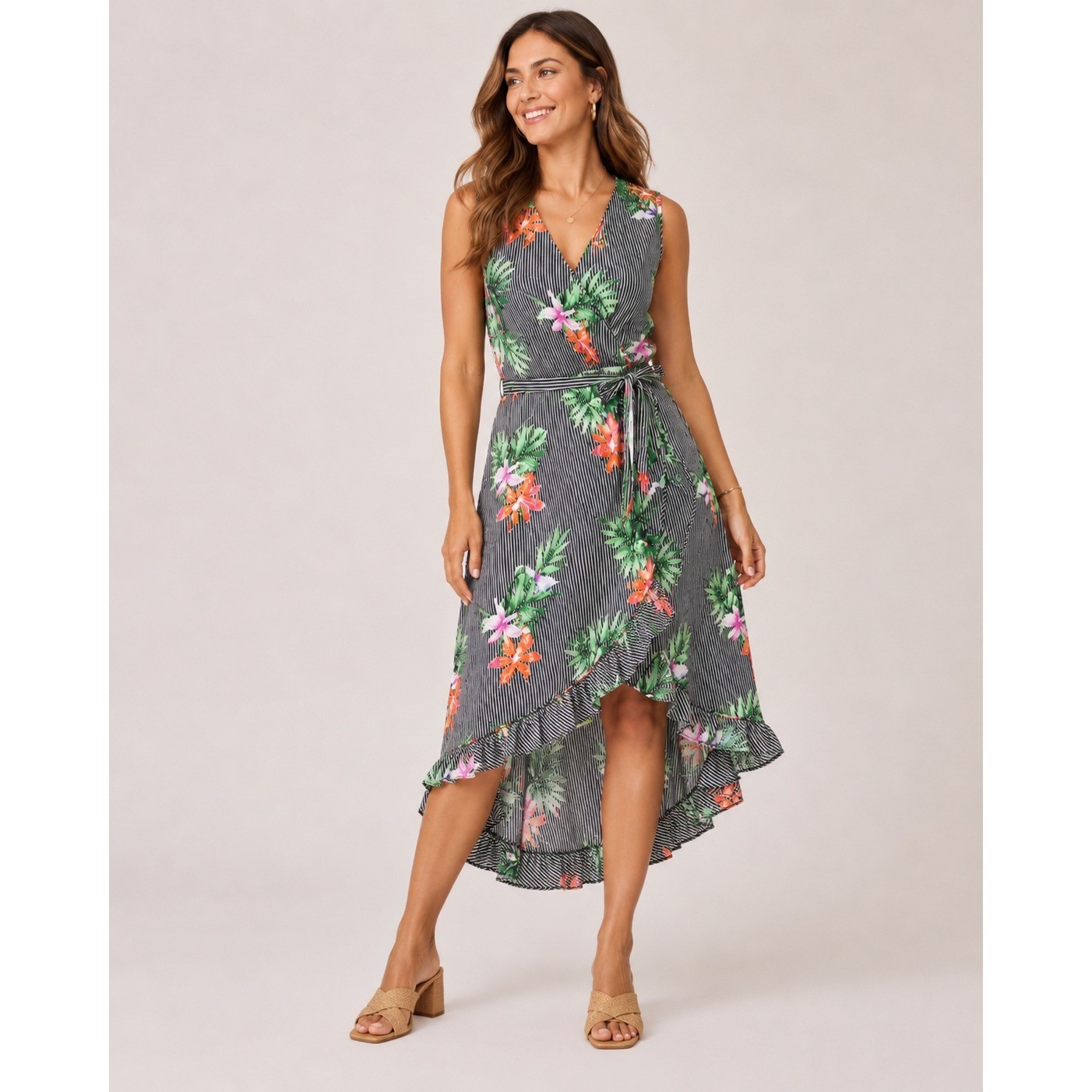 Who What Wear Womens Floral Striped Wrap Dress High Low Ruffle Hem Small Black