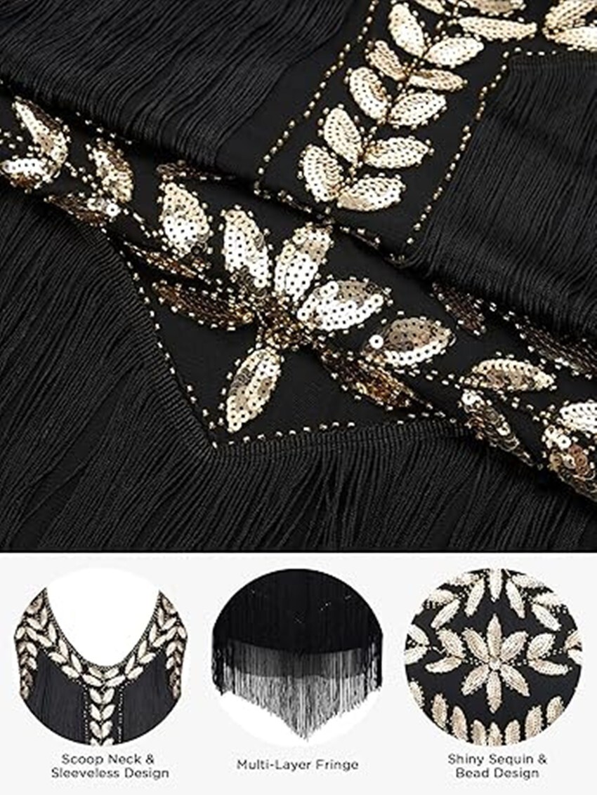X-Q2-5 Deluxe Ladies 1920s Roaring 20s Flapper Gatsby Costume Sequins Black/Gold