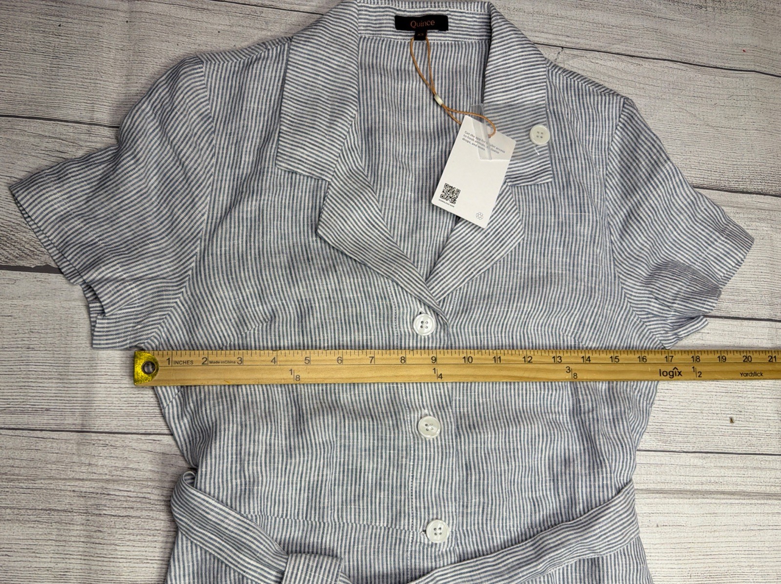 Quince 100% European Linen Button Front Dress Women’s XS Blue Pinstripe Pockets
