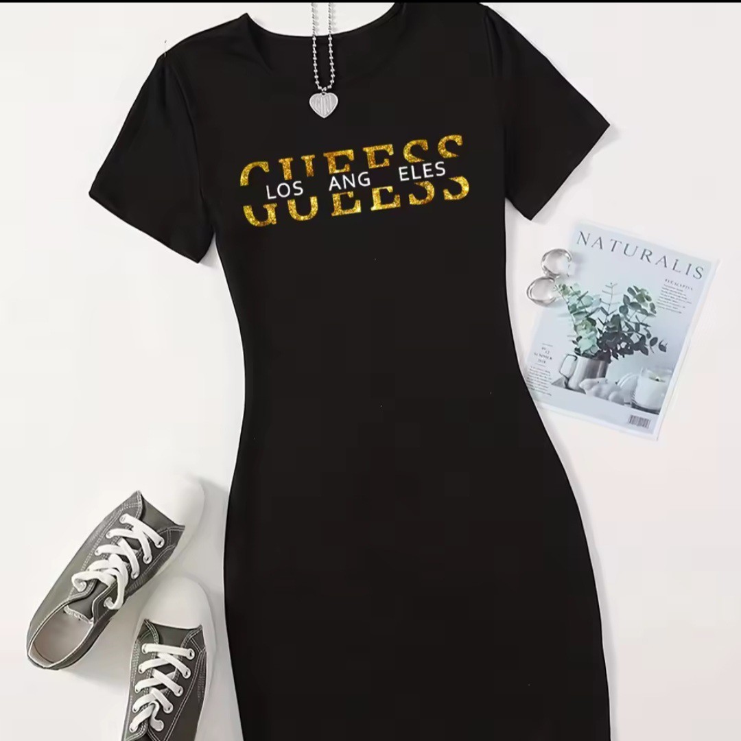 Women Black Bodycon Dress Short Sleeve Slim Fit Letter Print Casual New