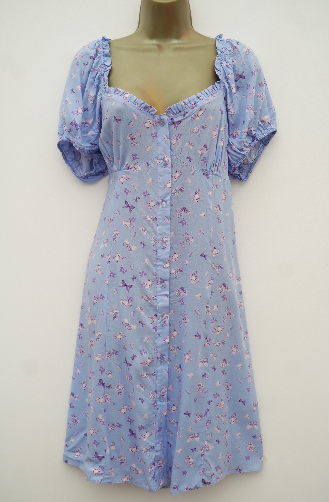 PRIMARK LIGHT BLUE PURPLE FLORAL BUTTERFLY BUTTON TEA SUN DRESS SIZE 16 BNWT