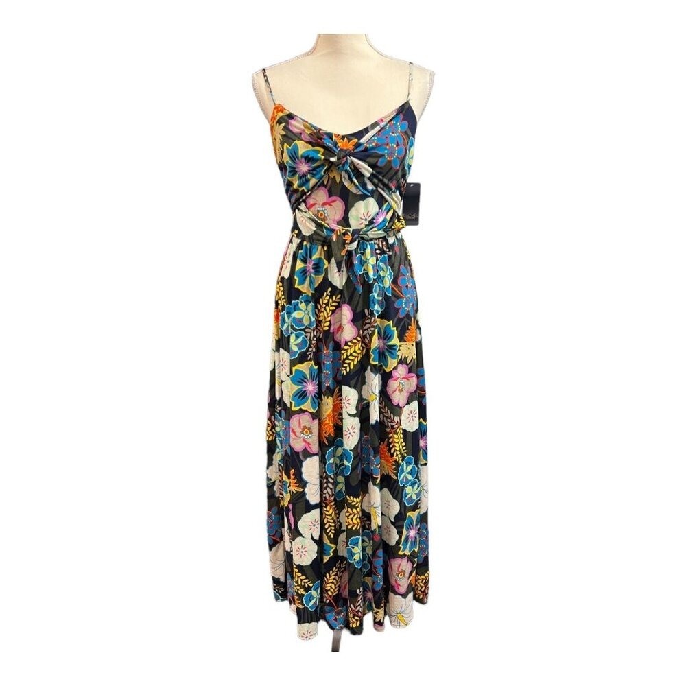 Rachel Roy Dress Black Floral Maxi Tie Detail Size M Tropical Vacation Resort
