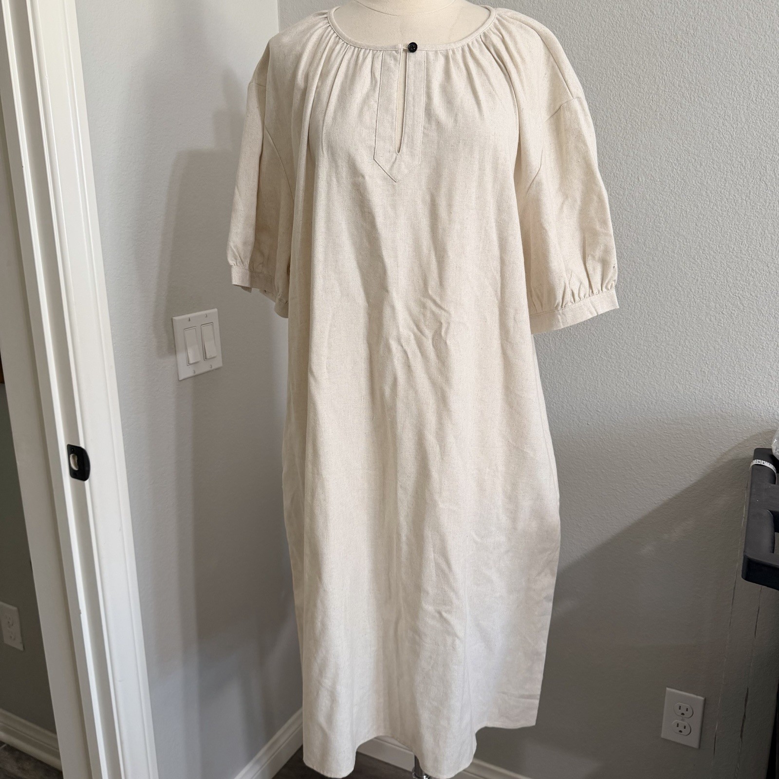 Ivory Linen & Cotton Blend Shirt Dress Midi Popover 3/4 Balloon Sleeve