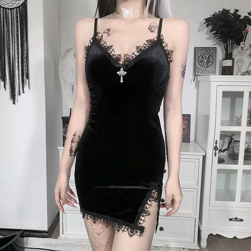 Dark Cross Black Mini Dress Vintage Sexy Spaghetti Strap High Waist Slit Dresses