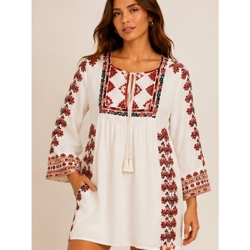 Free People Starlight Embroidered Boho Mini Dress Tunic Small White Red Pockets