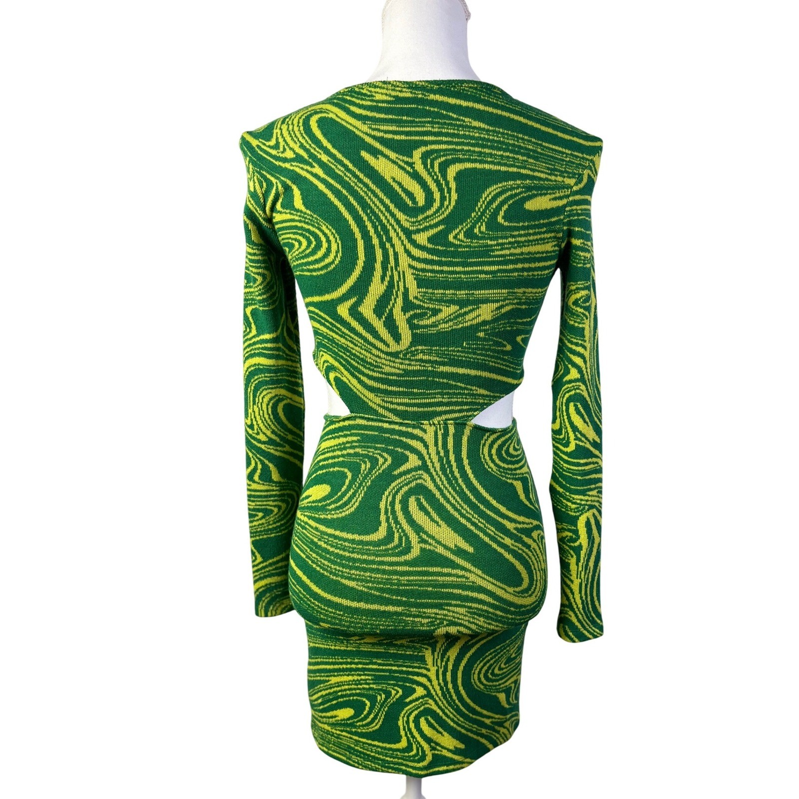 Zara Knit Mini Dress Green Yellow Swirl Pattern Long Sleeve Cut Out Bodycon S