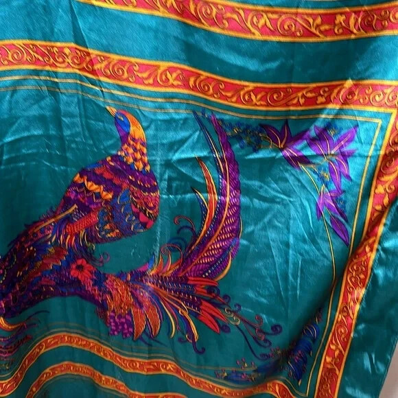 Winlar Vintage Women’s Blue Satin Bird Print V-Neck Kaftan One Size EUC