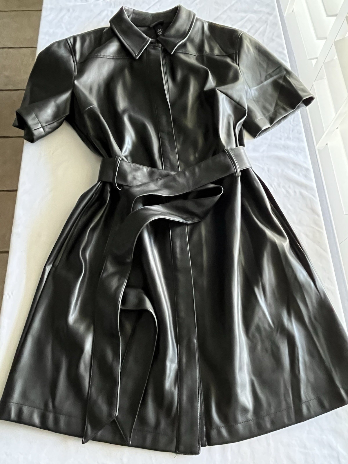 Scoop Black Solid Faux Leather Collared Belted Shirt Dress Short Sleeve L