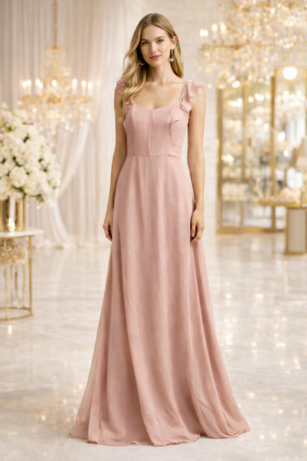Morilee Desert Rose Chiffon Ruffle Strap Floor-Length Dress Sz 4 NWT Anthro