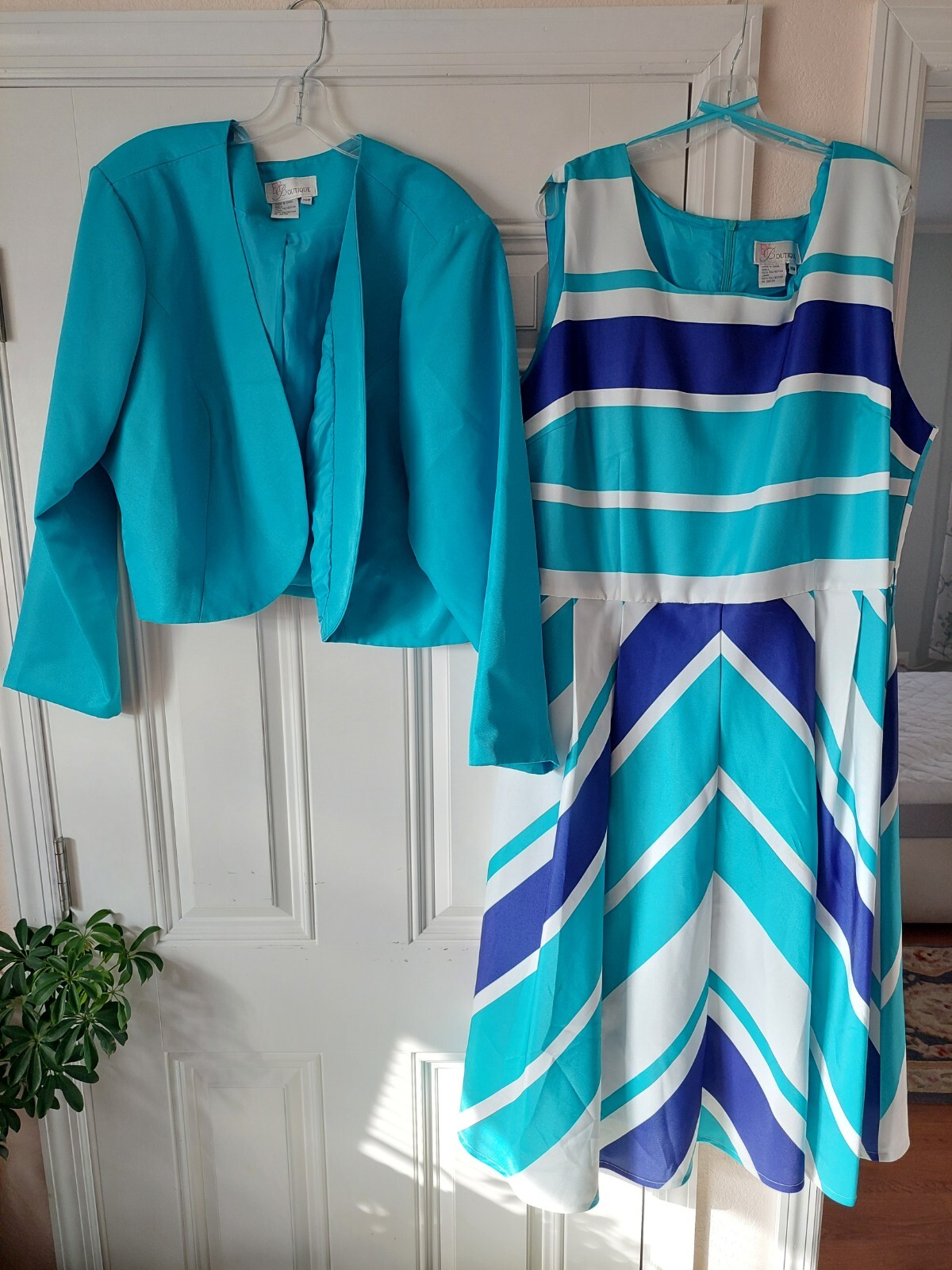 EY BOUTIQUE WomenJacket w/White/Blue Sleeveless Dress 👗 2 Pieces Plus Size 26W