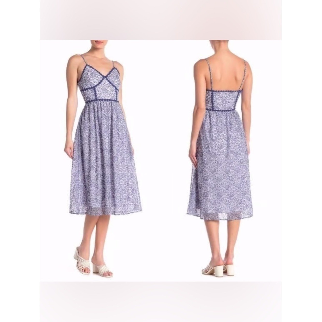 NSR Blue Lace-Trim Floral Midi Dress
