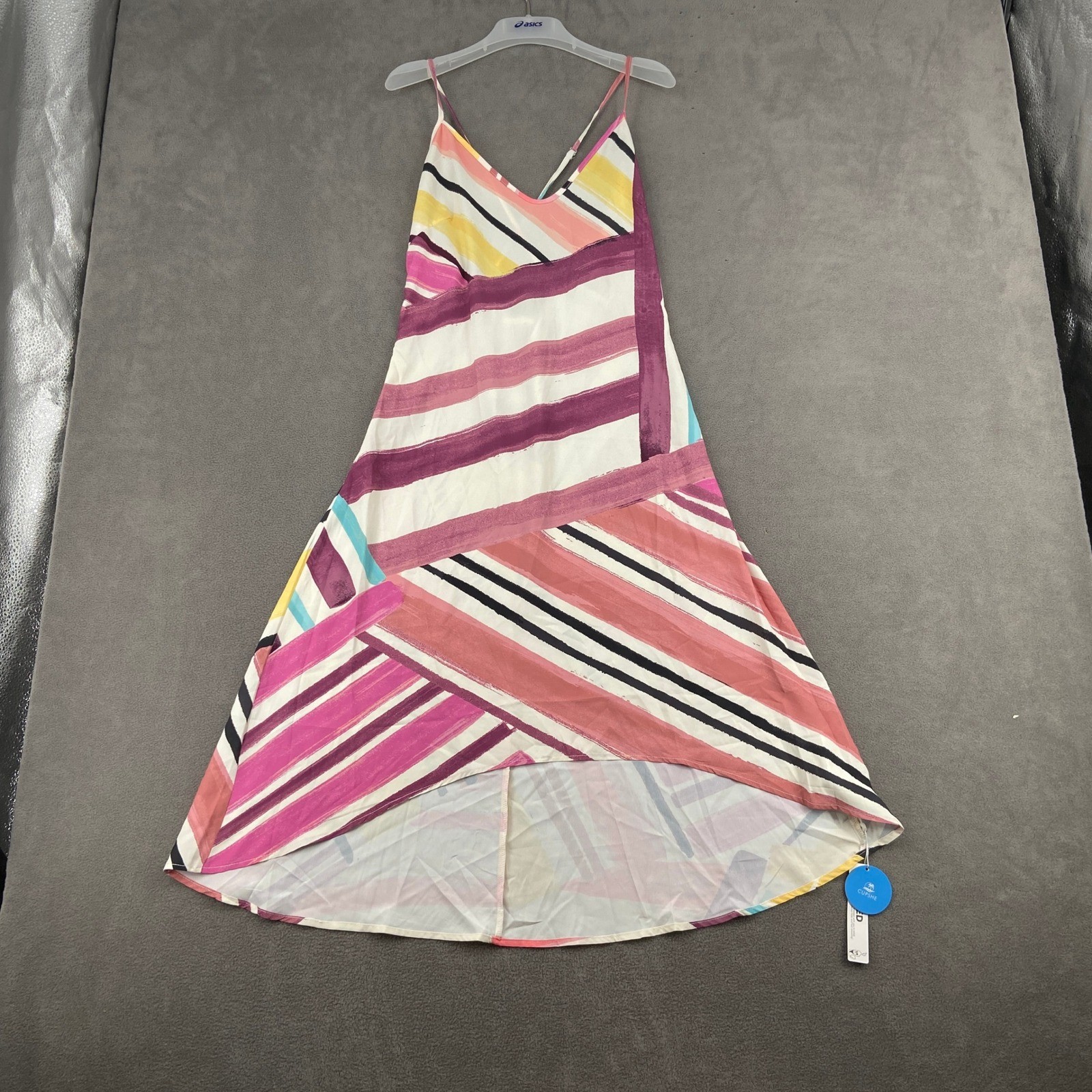Cupshe Multi Color Abstract Stripe High Low Midi Dress V-Neck Strappy Small NEW