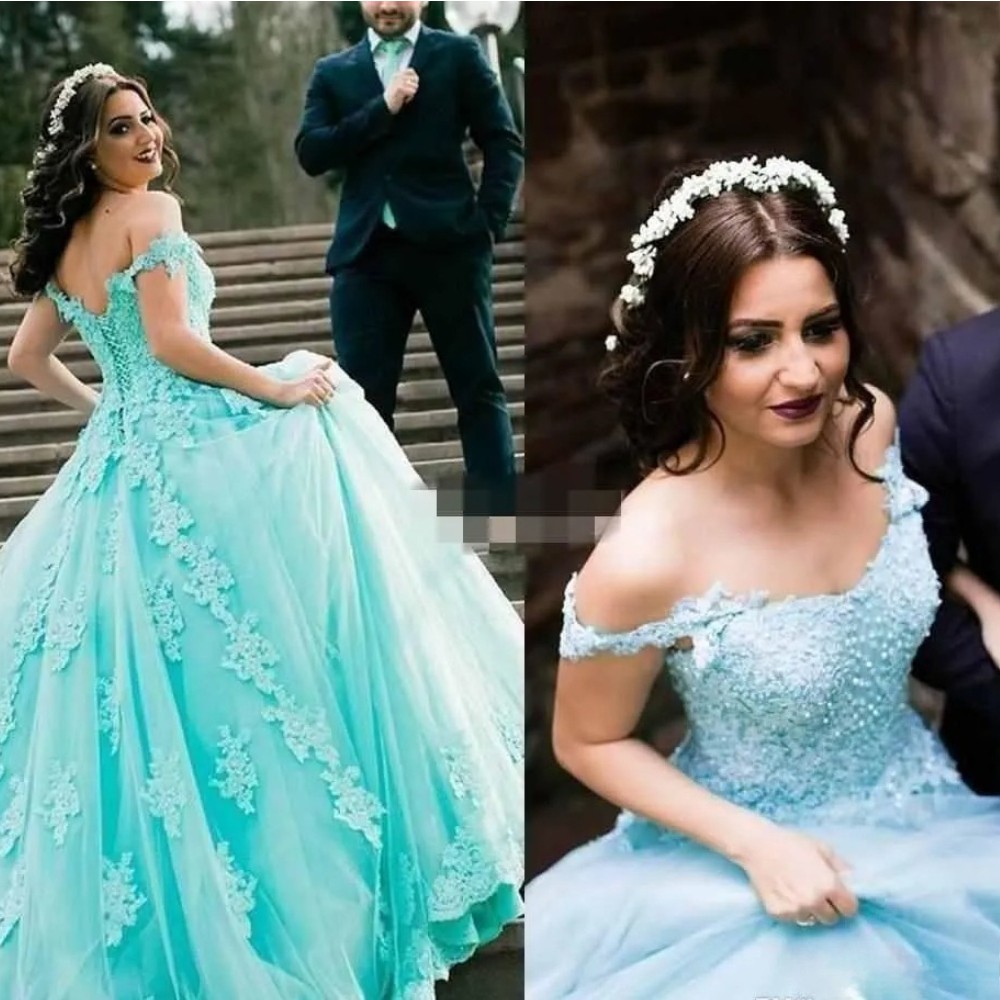 Off Shoulder Quinceanera Dress with Lace Decal Layered Ruched Prom Ball Gown