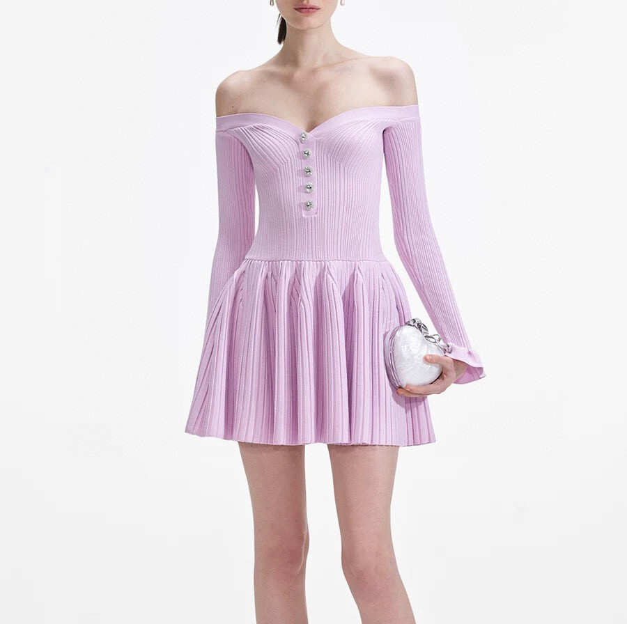 AUTH Women Self-Portrait Off the Shoulder Long Sleeve Knit Mini Dress