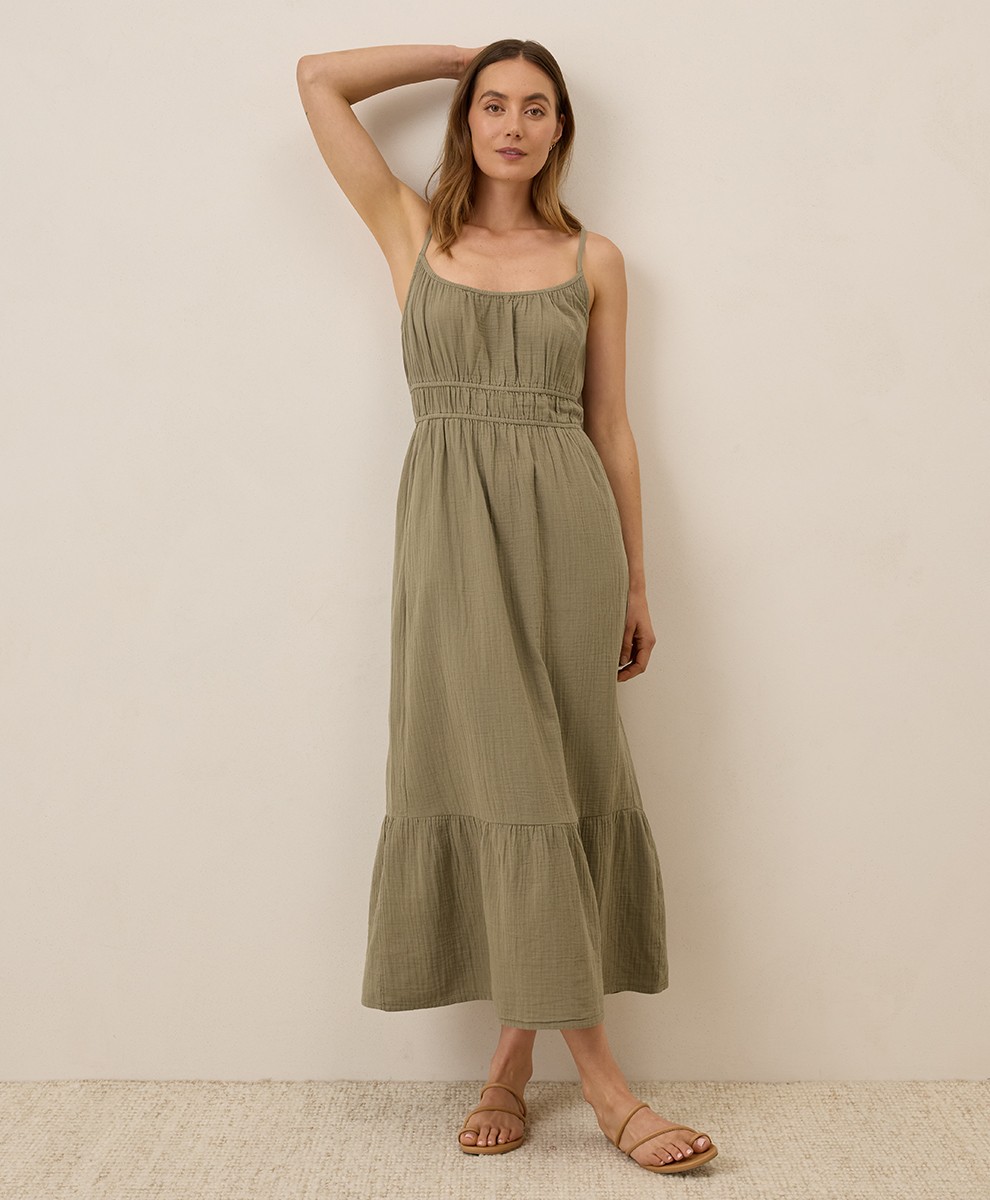 Pact Women’s Coastal Double Gauze Cami Maxi Dress Large Khaki Green