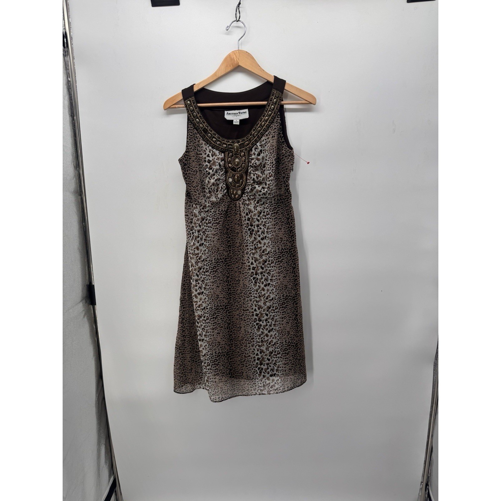 Another Thyme Leopard print Dress Beaded Neckline Boho Chic Sz 6 Y2K Style Glitt