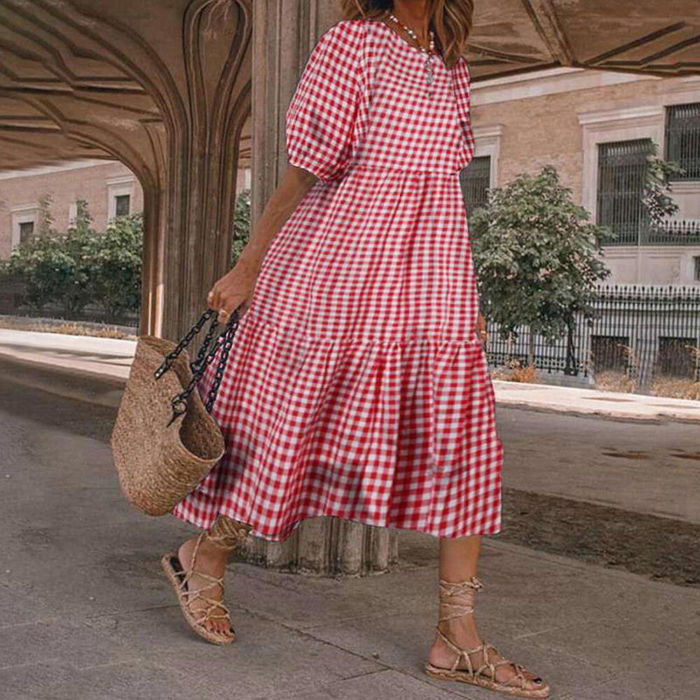 Womens Boho Plaid A-Line Midi Dress Ladies Pleated Loose Holiday Beach Sundress