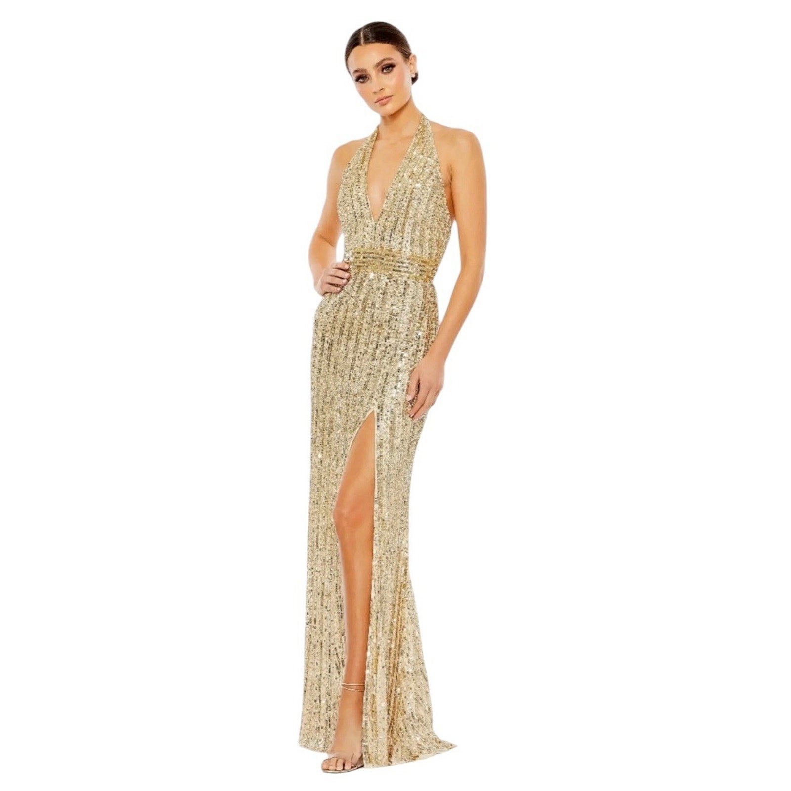 Mac Duggal 5759 Gold Sequined Halter Strap Trumpet Gown Size 16 $498