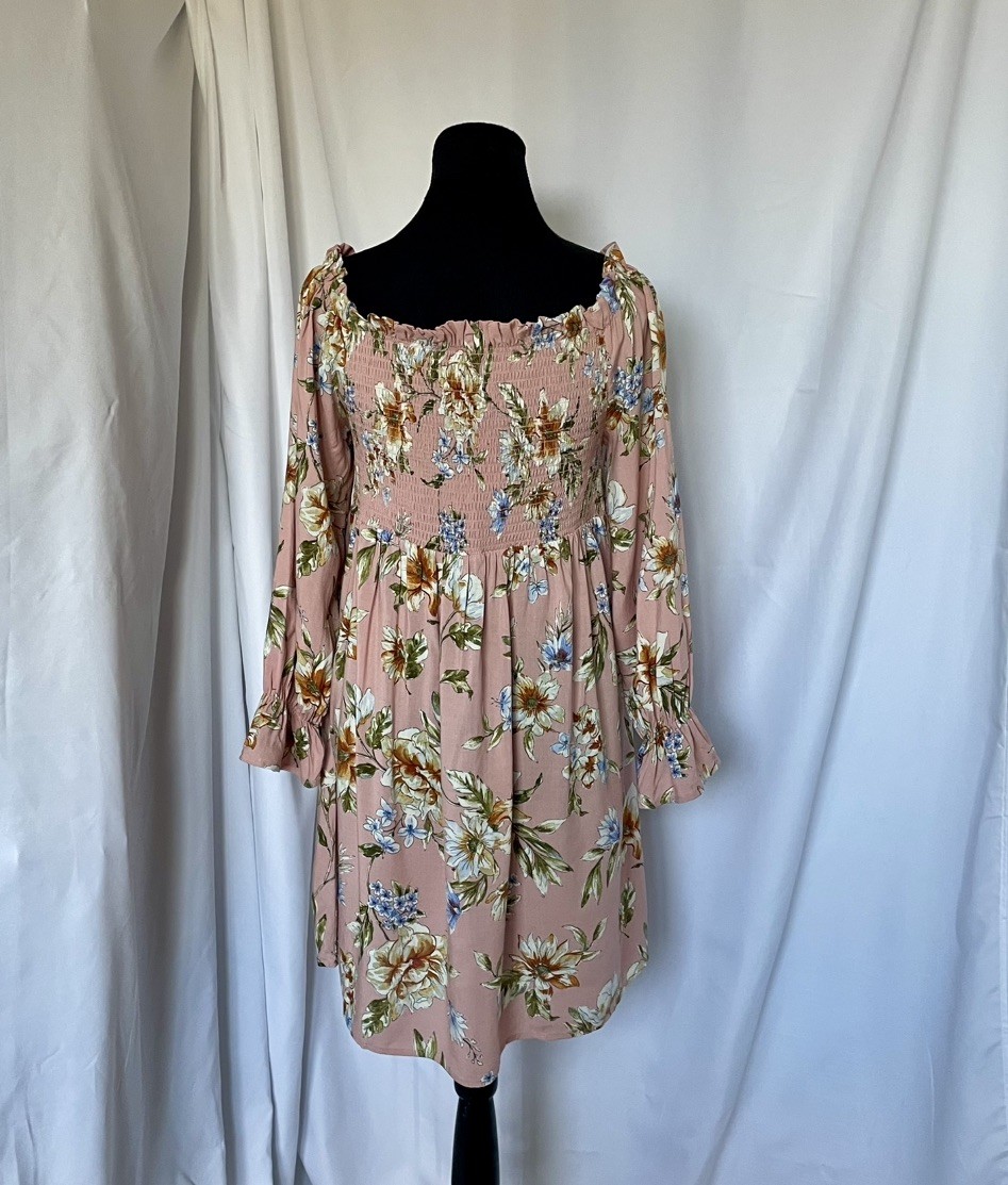 NWT Pink Garden Floral Smocked Sz L Dress Square Neck Long Bell Sleeve Country
