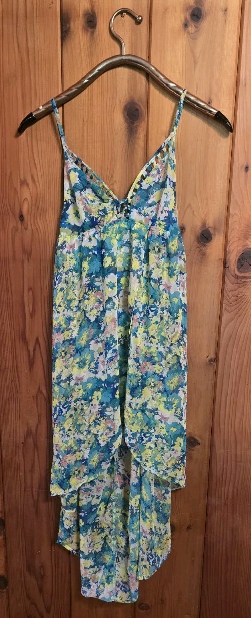 En Creme Floral V-Neck Strappy Dress Blue Yellow Green Boho Chiffon Size S