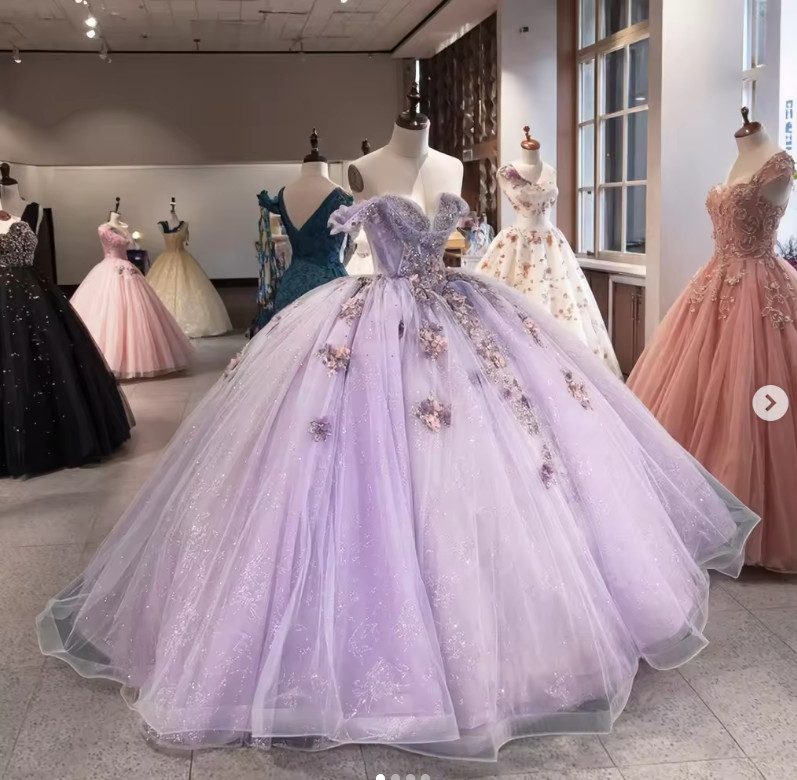 Lavender Quinceanera Dresses Off Shoulder 3D Flowers Sweet 15 Prom Ball Gown