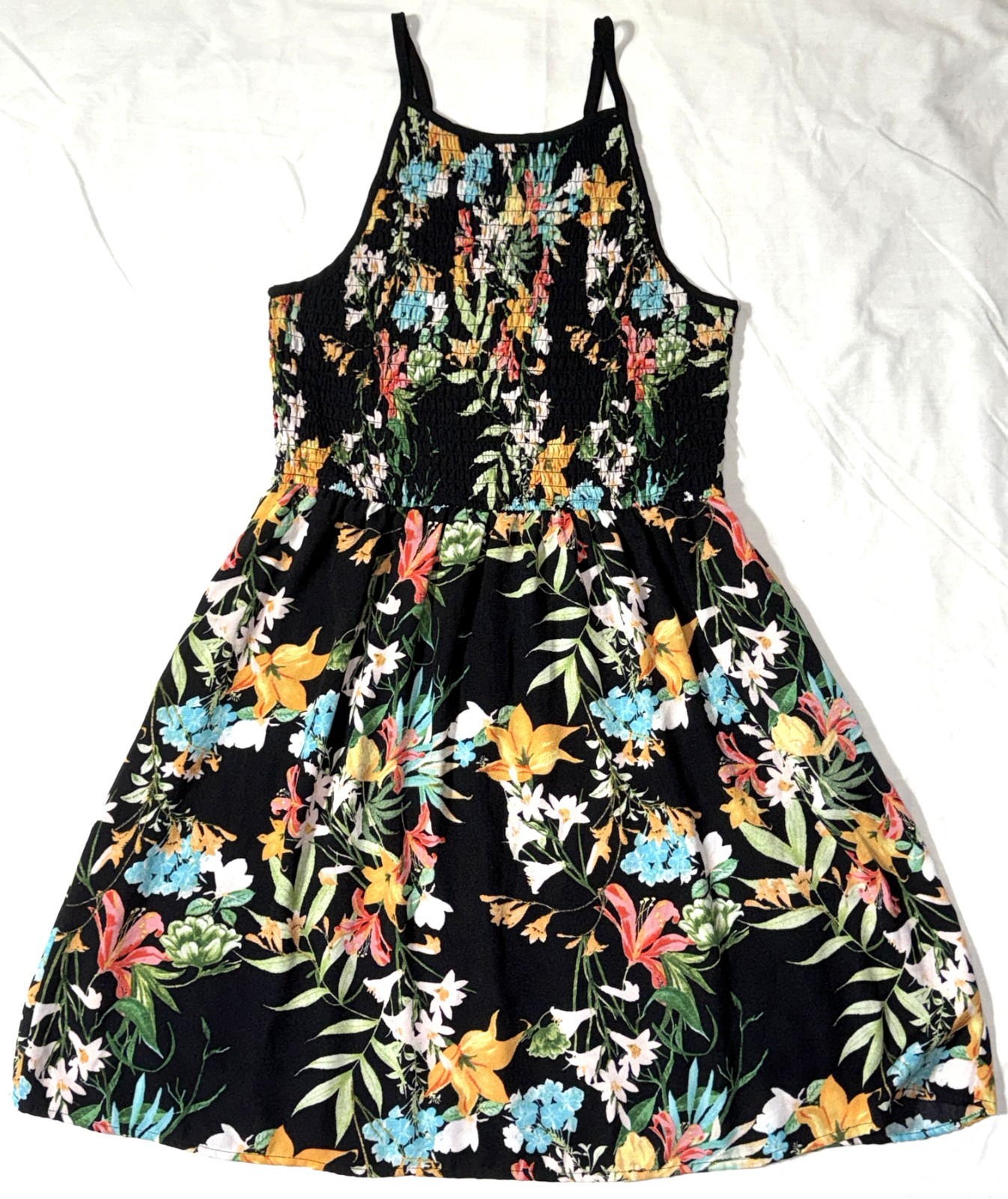 Xhilaration Black Tropical Floral Flower Short Smocked Stretch Sundress Dress L