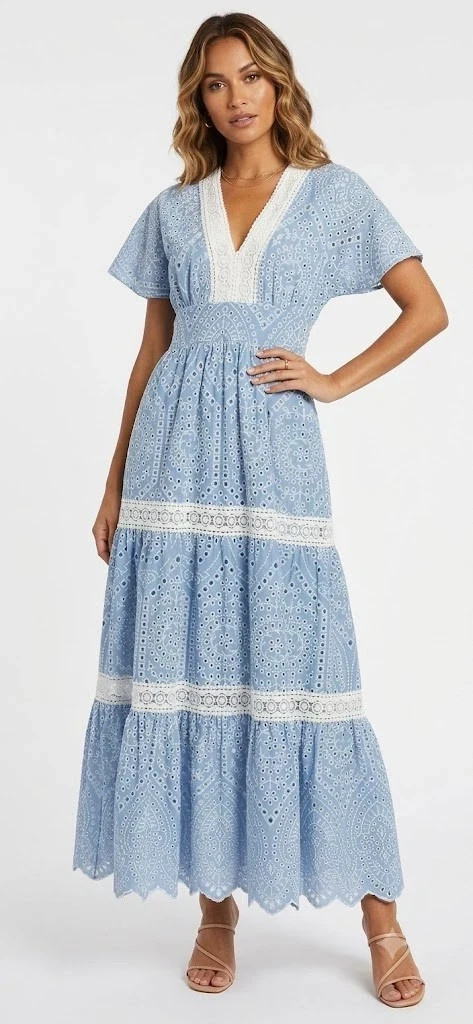 Elie Tahari Blue White Lace Eyelet Empire Waist Tiered Prairie Maxi Dress 10 New