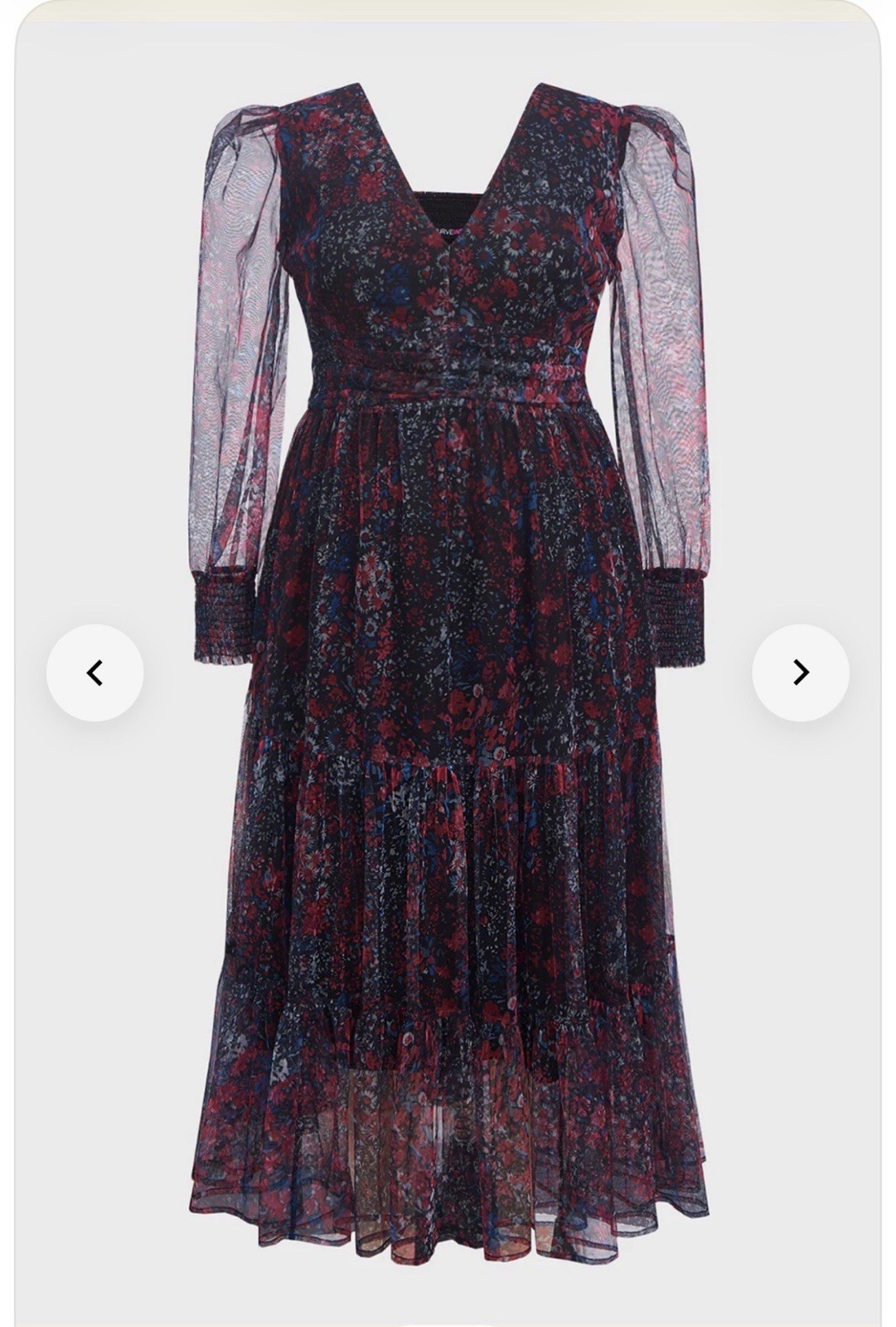 CURVEINS Women’s XL Black Floral Mesh Midi Dress V-Neck Long Sleeve Lined